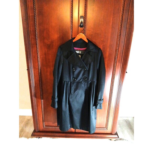 ESPRIT Women Size M Black Belted Pea Coat Wool Blend Interior Large Logo Buttons - Picture 2 of 16